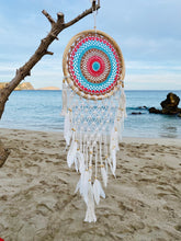 Load image into Gallery viewer, Colorful boho dreamcatcher with feathers and rattan frame.
