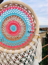 Load image into Gallery viewer, Colorful boho dreamcatcher with feathers and rattan frame.
