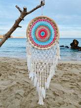 Load image into Gallery viewer, Colorful boho dreamcatcher with feathers and rattan frame.
