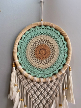 Load image into Gallery viewer, Boho dream catcher with feathers and rattan frame.
