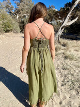 Load image into Gallery viewer, Olive green long boho dress made from Rami plant fiber.
