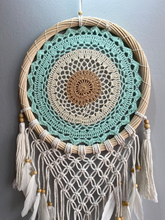 Load image into Gallery viewer, Boho dream catcher with feathers and rattan frame.
