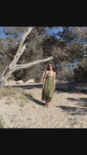 Load and play video in Gallery viewer, Olive green long boho dress made from Rami plant fiber.
