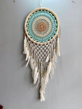 Load image into Gallery viewer, Boho dream catcher with feathers and rattan frame.
