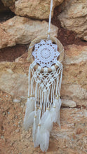 Load and play video in Gallery viewer, White dream catcher with feathers and wooden frame.
