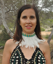 Load image into Gallery viewer, White feathers headband/ necklace with gold and turquise beads.
