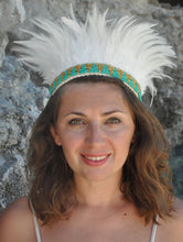 Load image into Gallery viewer, White feathers headband/ necklace with gold and turquise beads.
