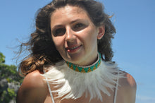 Load image into Gallery viewer, White feathers headband/ necklace with gold and turquise beads.
