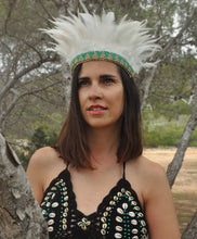 Load image into Gallery viewer, White feathers headband/ necklace with gold and turquise beads.
