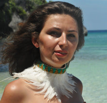 Load image into Gallery viewer, White feathers headband/ necklace with gold and turquise beads.
