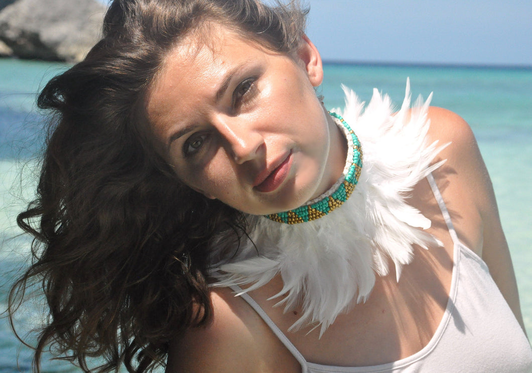 White feathers headband/ necklace with gold and turquise beads.