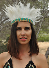 Load image into Gallery viewer, White feathers headband/ necklace with gold and turquise beads.
