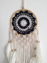 Load image into Gallery viewer, White and black dream catcher with feathers.
