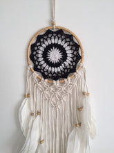 Load image into Gallery viewer, White and black dream catcher with feathers.
