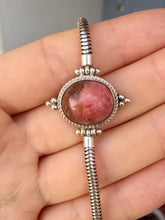 Load image into Gallery viewer, Silver snake chain  bracelet with Rhodonite stone/heart  chakra bracelet.
