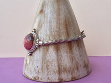 Load image into Gallery viewer, Silver snake chain  bracelet with Rhodonite stone/heart  chakra bracelet.
