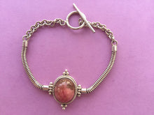 Load image into Gallery viewer, Silver snake chain  bracelet with Rhodonite stone/heart  chakra bracelet.
