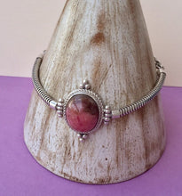 Load image into Gallery viewer, Silver snake chain  bracelet with Rhodonite stone/heart  chakra bracelet.
