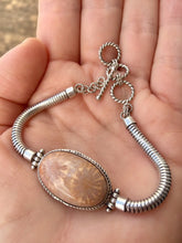 Load image into Gallery viewer, Silver snake chain  bracelet with fossil coral stone.
