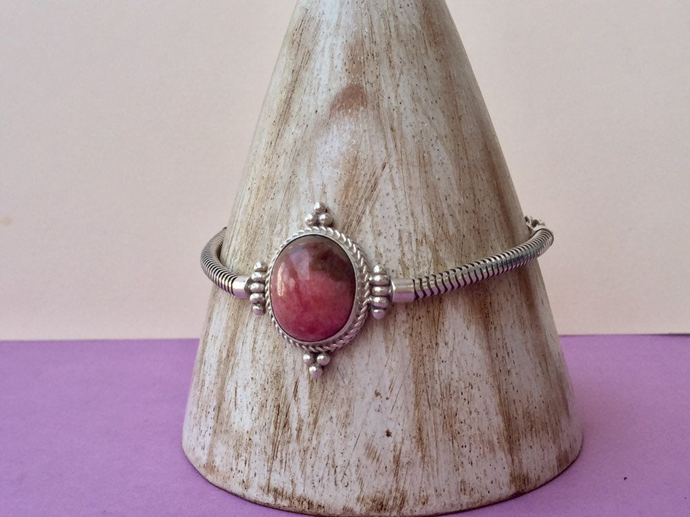 Silver snake chain  bracelet with Rhodonite stone/heart  chakra bracelet.