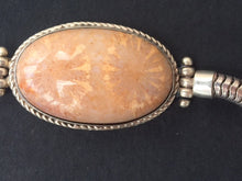 Load image into Gallery viewer, Silver snake chain  bracelet with fossil coral stone.
