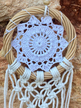 Load image into Gallery viewer, White dream catcher with feathers and wooden frame.
