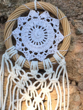 Load image into Gallery viewer, White dream catcher with feathers and wooden frame.
