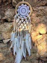 Load image into Gallery viewer, White dream catcher with feathers and wooden frame.
